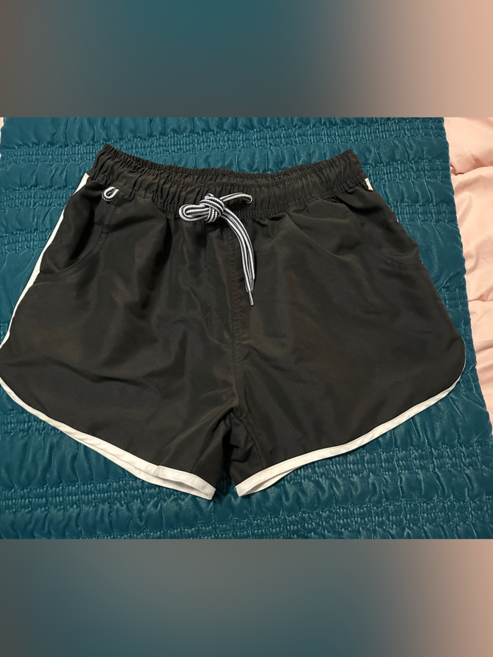 Black Drawstring Swim Shorts with White Trim